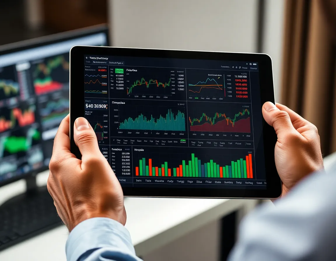 A detailed financial dashboard on a tablet with stock charts and data, held by an analyst.