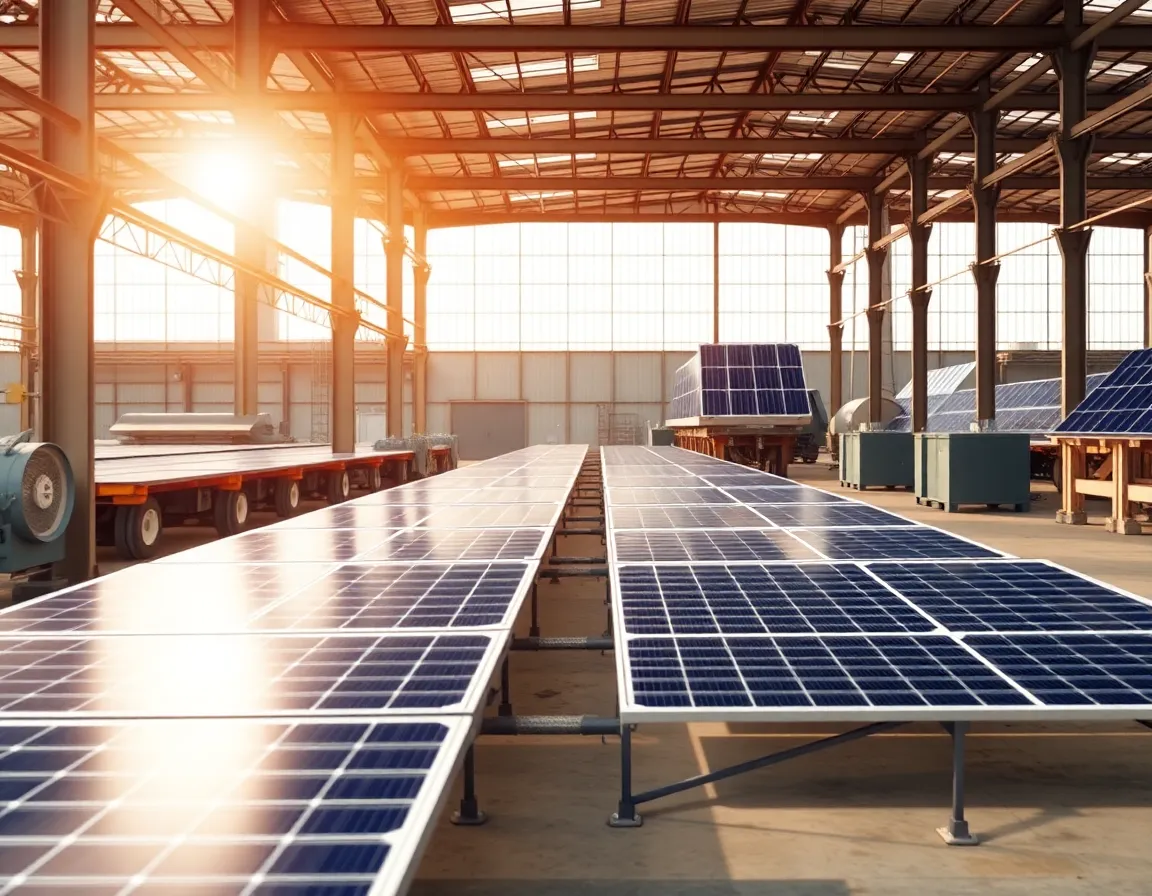 A modern factory with solar panels, representing sustainable industrial investments.