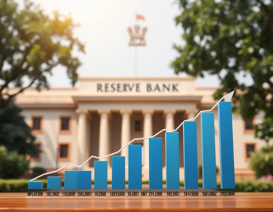 Graph showing inflation rates and Reserve Bank of India building in the background.